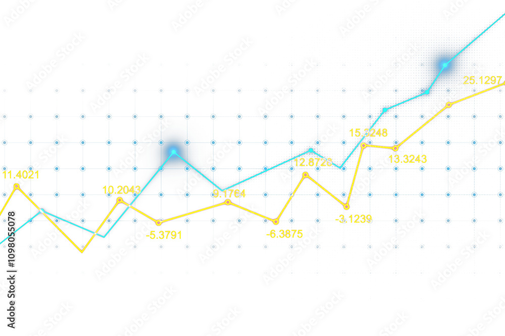 Poster Neon graph with blue and yellow lines on a grid pattern background, clean isolated design for digital data analysis and technology concept. 3D Rendering.