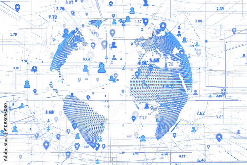 Poster Digital globe with blue icons, lines, and numbers on a white background. Represents global technology, data analysis, and networking concept. 3D Rendering.