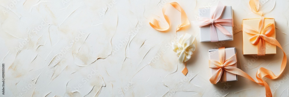 Poster delicate handcrafted gift boxes in soft colors are beautifully tied with pastel ribbons, adding a to