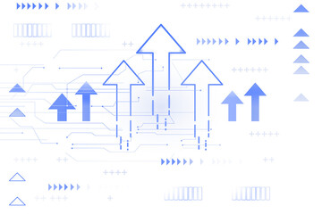 Obraz premium Abstract blue arrows pointing upward with digital patterns, geometric shapes, and lines on a clean white background. Concept of technology growth. 3D Rendering.