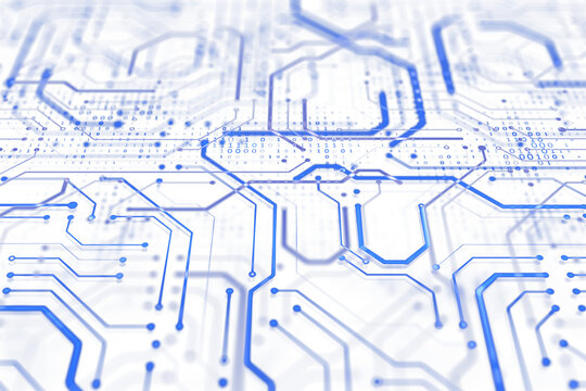 Abstract blue circuit lines and binary code pattern, futuristic graphic style, on a white background. Concept of technology and cyberspace. 3D Rendering.