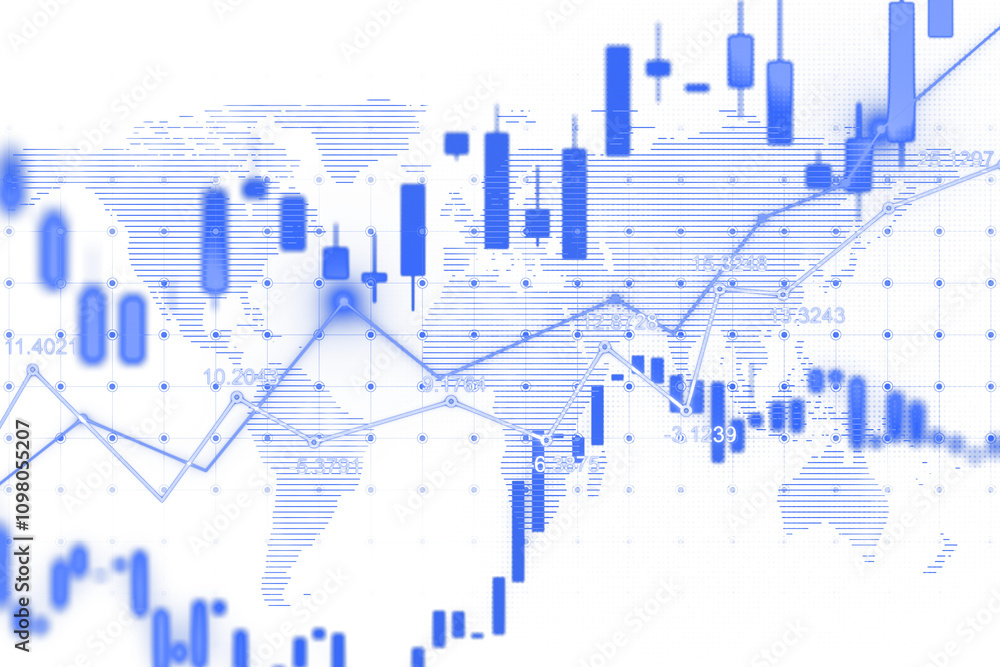 Poster Digital chart with candlesticks and lines overlaying a stylized world map, clean white background, concept of virtual global analytics. 3D Rendering.