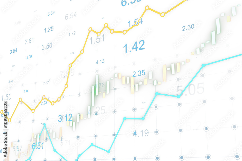 Poster Digital financial chart with yellow and blue trend lines, candlesticks, and numeric data on a white background. Concept of data analysis. 3D Rendering.