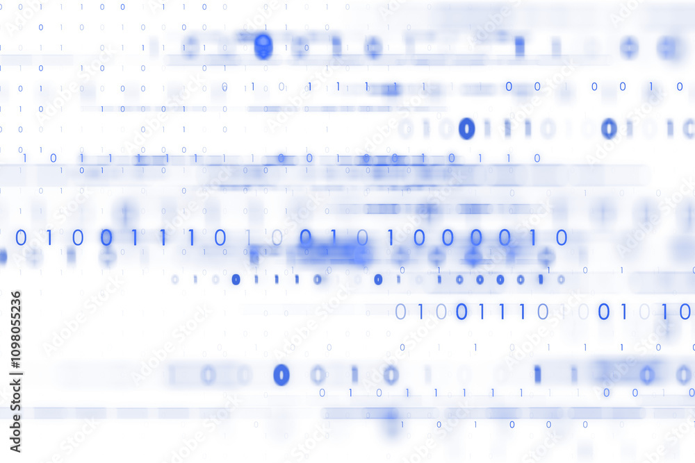 Poster Binary code in blue with blurred effect on a white background, conceptualizing digital communication, cyberspace, and virtual technology. 3D Rendering.