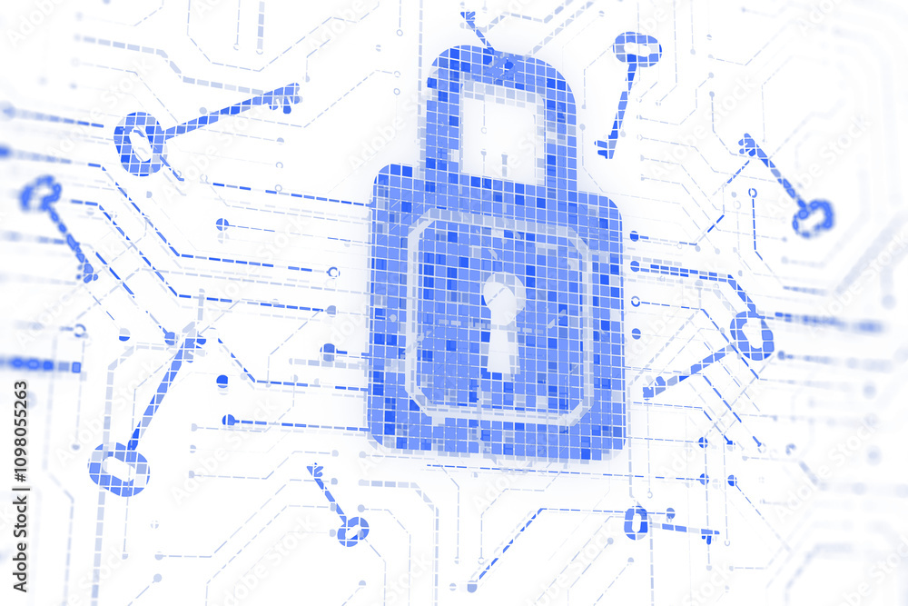 Aufkleber Digital lock and key design in holographic blue style, placed on a white background, representing a concept of cybersecurity and protection. 3D Rendering.