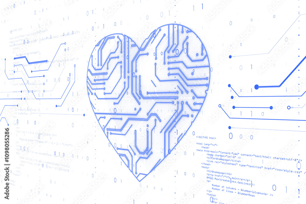 Poster heart-shaped circuit board with glowing blue digital lines on a white background. concept of technol