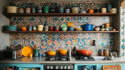 A maximalist kitchen featuring multicolored tiles, open shelves filled with diverse, bold cookware, and vibrant, mismatched patterns throughout.