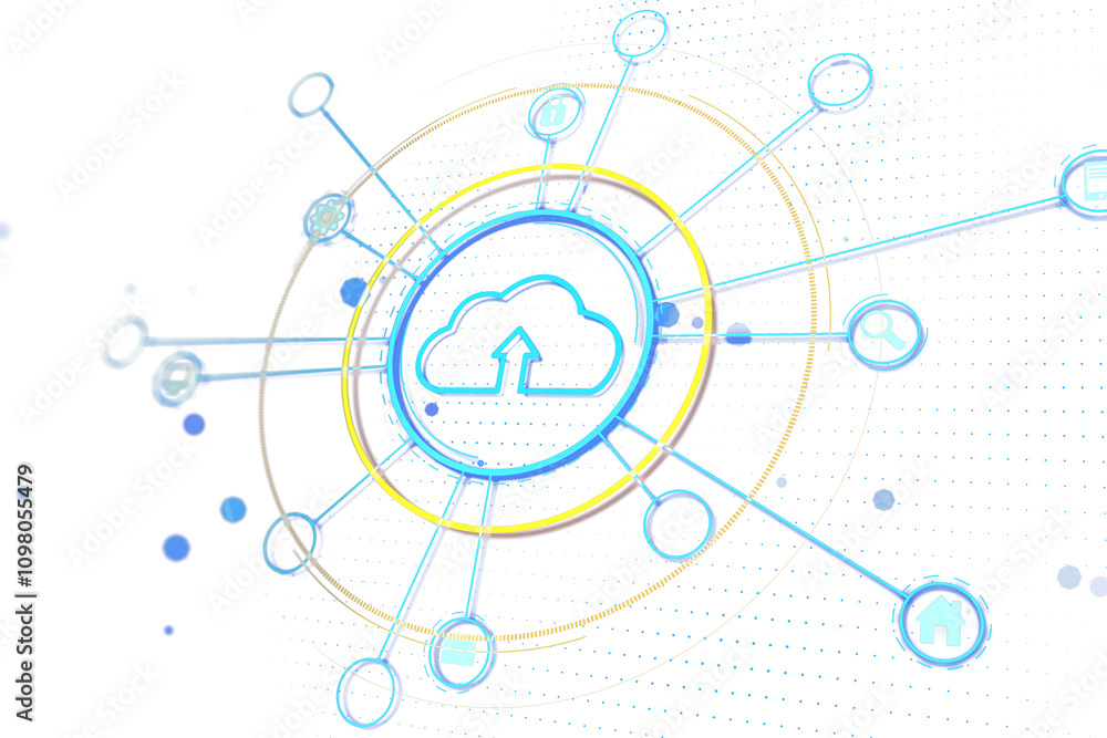Poster Digital cloud computing concept with holographic icons and neon outlines, circular layout, white background, futuristic technology design. 3D Rendering.