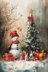 Obraz premium Charming snowman in red hat and scarf with Christmas tree, bunnies, and gift in a snowy forest, whimsical holiday watercolor art, Ai Generation