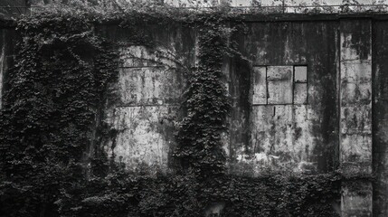 Obraz premium A weathered wall overgrown with ivy, showcasing decay and nature's reclaiming process.