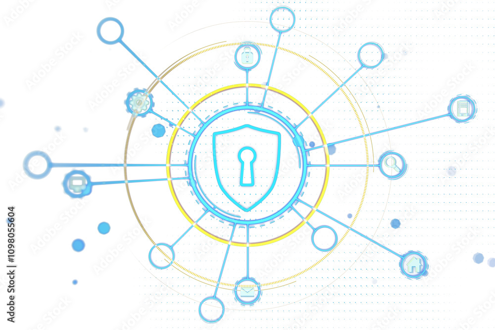 Poster shield icon with blue neon lines connected to circular symbols on white background, holographic styl
