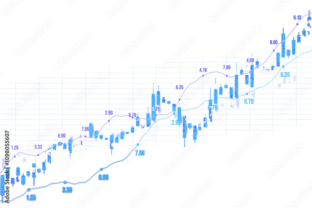 Aufkleber Blue candlestick chart with upward trend lines and data points on a white grid background, representing financial growth and trading concepts. 3D Rendering.