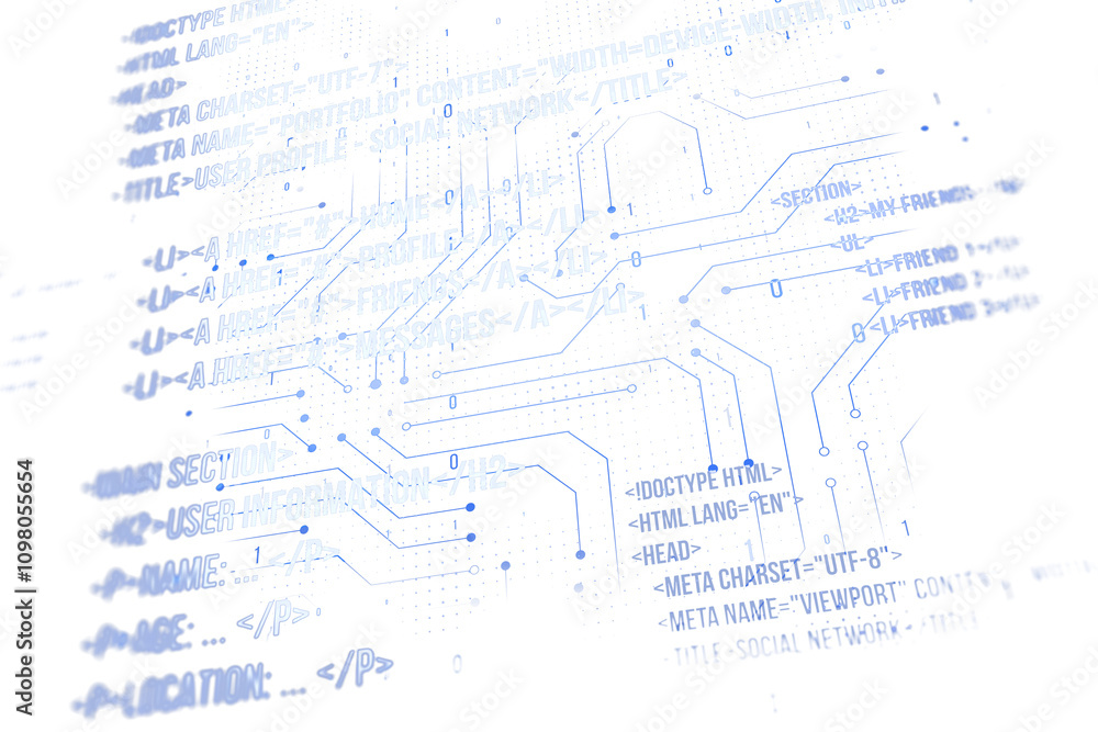 Leinwandbilder Abstract digital circuit lines overlaid with HTML code, rendered in blue on a clean white background, representing virtual technology concepts. 3D Rendering.