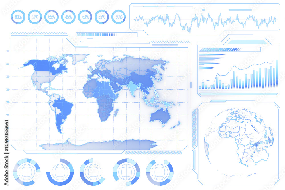 Aufkleber World map with futuristic interface elements, analytics, and graphs in light blue tones on a white background. Concept of virtual technology. 3D Rendering.