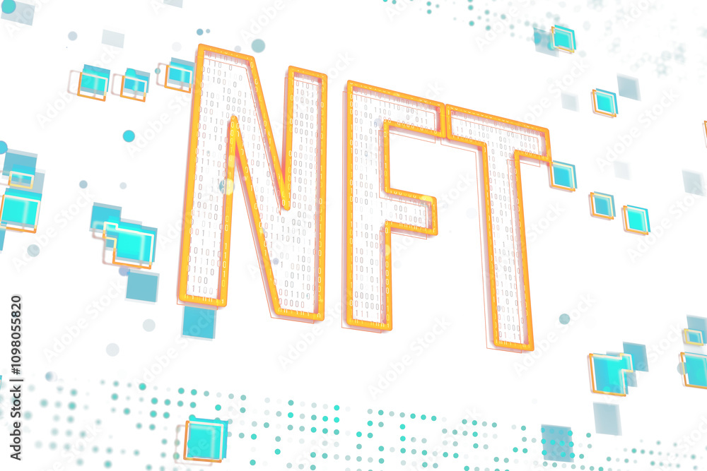 Poster NFT letters with orange outline, binary code inside, blue digital squares and dots, clean style, white background, concept of technology. 3D Rendering.