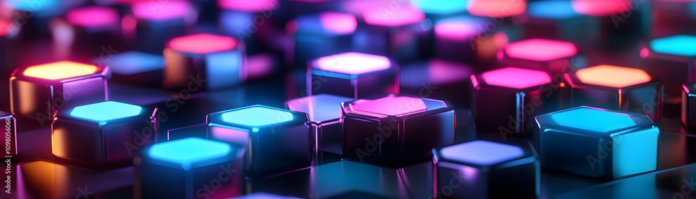 Poster neon hexagonal blocks abstract design background