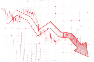 Fototapeta premium Red downward arrow with candlestick chart, white background, concept of stock market crash, financial crisis, trade loss, and recession. 3D Rendering.