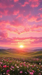 Obraz premium The sky turns pink and orange as the sun sets in a field of wildflowers, casting a colorful glow over the landscape, floral patterns, rural landscape, , nature reserve