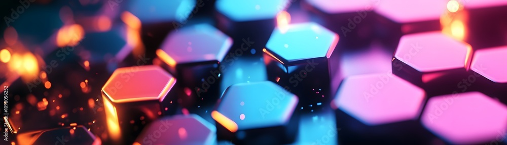 Poster abstract hexagonal shapes illuminated with neon colors