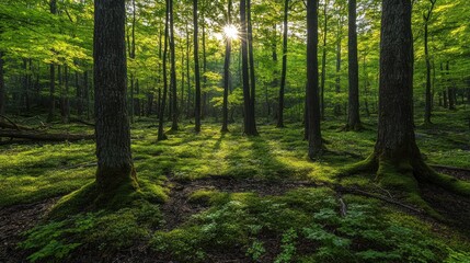 Sunlit Forest Floor Mossy Green Trees