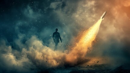 Fototapeta premium A lone figure witnesses a rocket launching into space, symbolizing a journey into the unknown. The fiery trail leaves an intense atmosphere.