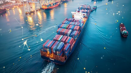 Aerial view of a large container ship at sea, showcasing global trade and maritime logistics.  Connected world concept.