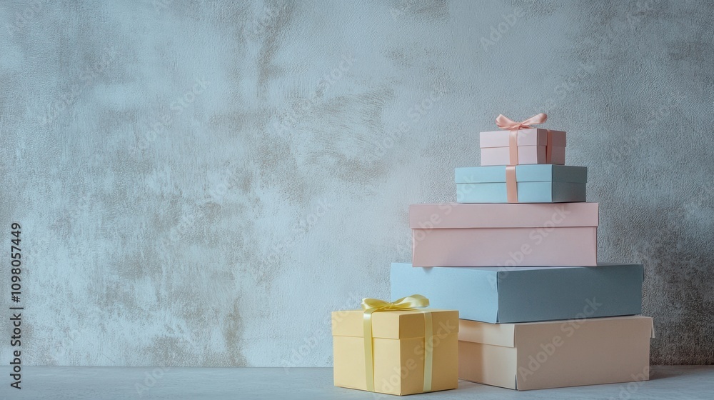 Poster Handcrafted paper gift boxes in pastel colors are beautifully stacked with ribbons, creating an elegant display against a textured backdrop. Generative AI