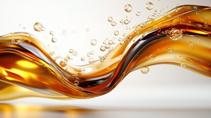A captivating macro shot of vibrant amber liquid swirling dynamically, interspersed with translucent, effervescent bubbles against a clean white background. 