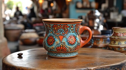 A beautifully designed ceramic mug with intricate floral patterns on a wooden surface.