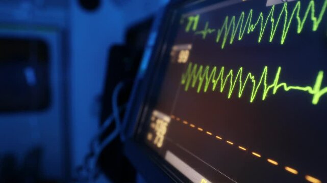Selective focus on monitor of vital signs inside ambulance car of emergency medical service at night. Themes rescue, urgency and health care. 
