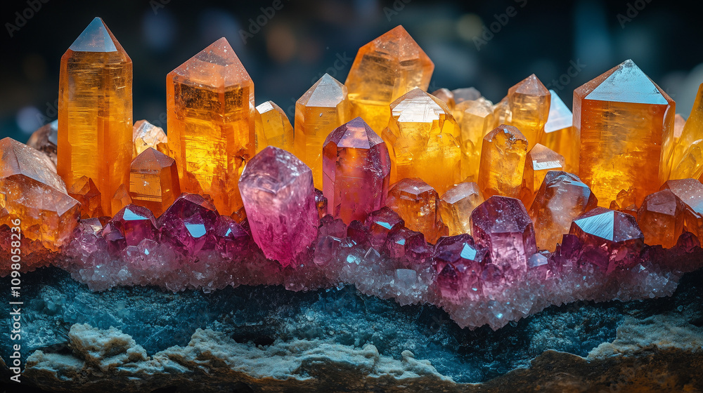 Poster crystal cluster: a captivating display of amber and amethyst crystals, their facets catching the lig