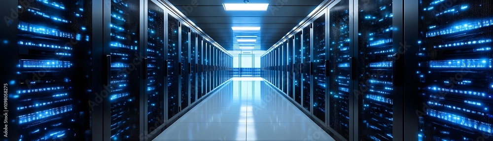 Poster illuminated server racks in modern data center