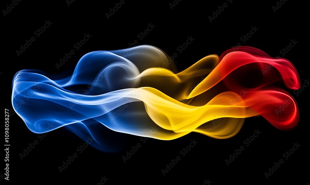 Poster abstract colorful wave patterns on a black background, evoking fluidity and motion.