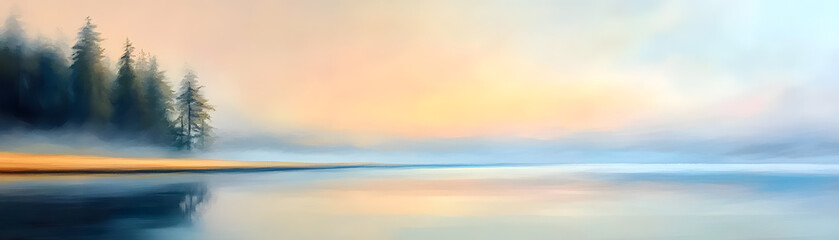 Obraz premium Serene Abstract Oil Painting of a Misty Lake at Dawn Tranquil Nature Landscape Digital Wallpaper Peaceful Environment Wide Viewpoint