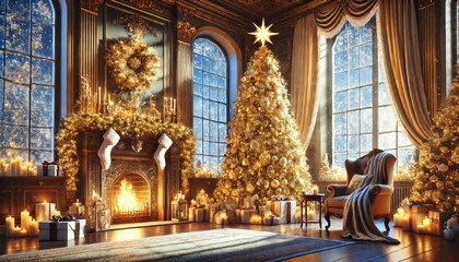 Christmas eve in luxurious palace living room with golden christmas tree