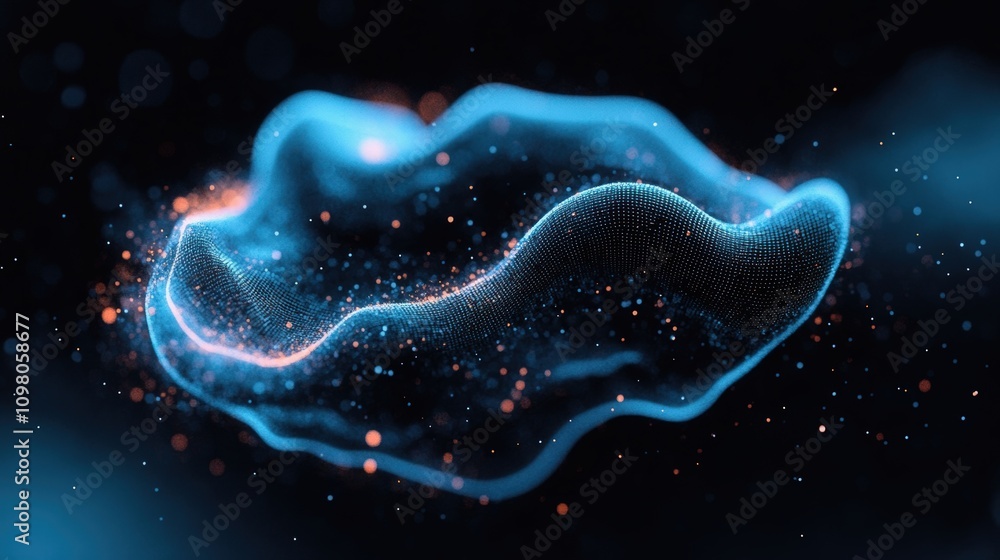 Poster an abstract blue glowing shape with particles floating around in a dark background