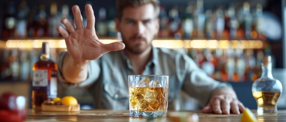Fototapeta premium Young man in gray shirt rejects drink at bar with outstretched arm. Cocktail on counter with ice and orange slices, array of alcohol bottles behind him.