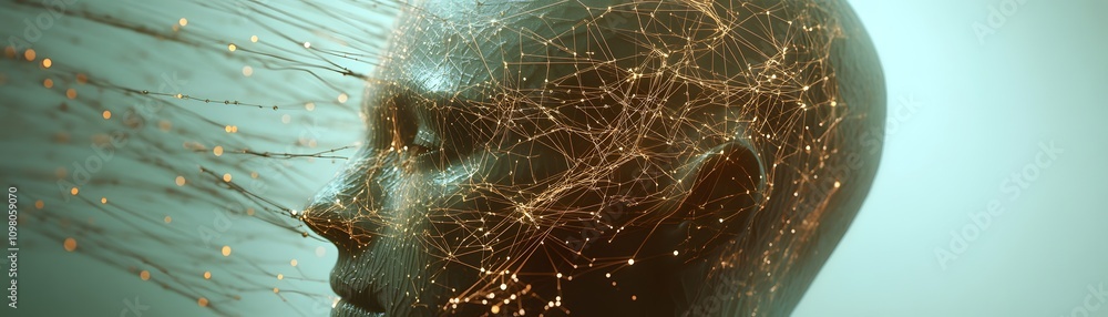 Poster abstract head illuminated with glowing neural network