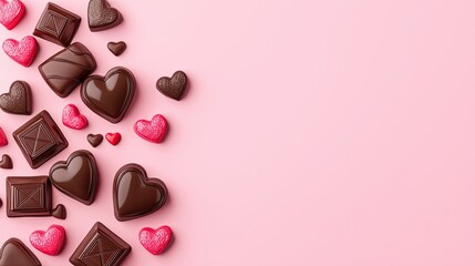 Fototapeta premium Mockup valentine template concept. A delightful arrangement of heart-shaped chocolates and treats against a soft pink background, perfect for celebrations or romantic gestures.