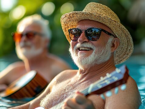 Two Elderly Men Enjoying a Summer Day by the Pool Playing Ukulele and Guitar