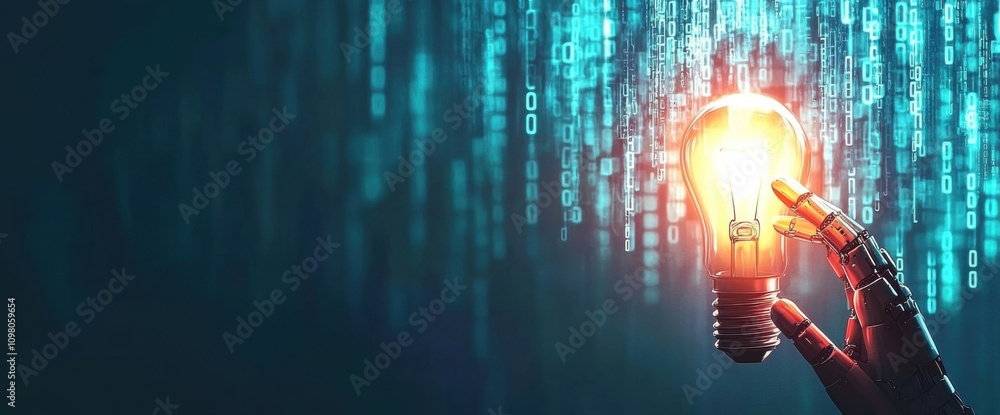 Poster **ai and machine learning, robotic and human hands on a big data network, a light bulb filled with c