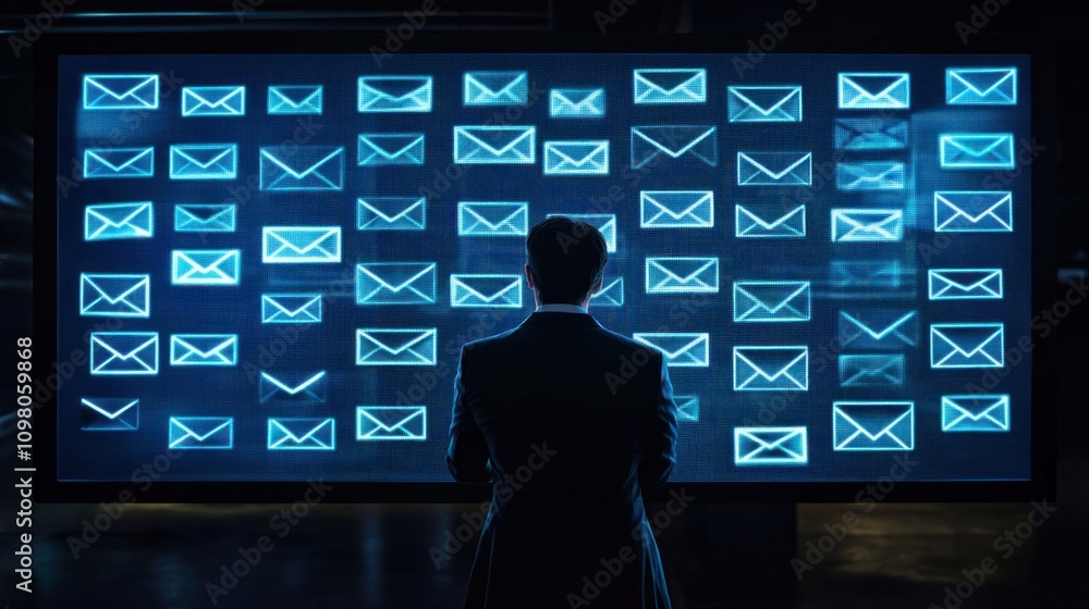 Poster executive examining a large digital screen displaying email phishing warnings and threat notificatio