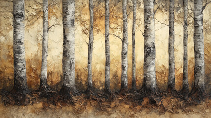 Naklejka premium serene forest scene with tall birch trees and warm tones