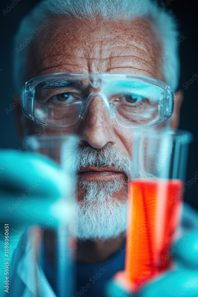 Poster senior scientist holding test tubes with colorful liquids in a laboratory setting