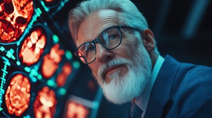 Senior researcher analyzing brain scans in a modern laboratory during evening hours