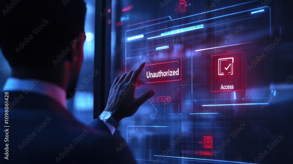 Poster executive tapping a floating digital screen with warning icons and 