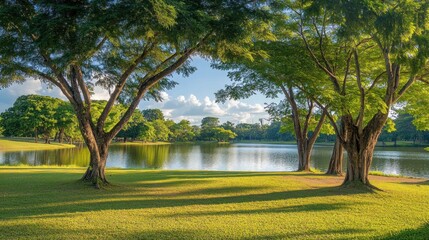 Obraz premium Serene Lakeside Park Scene With Lush Green Trees