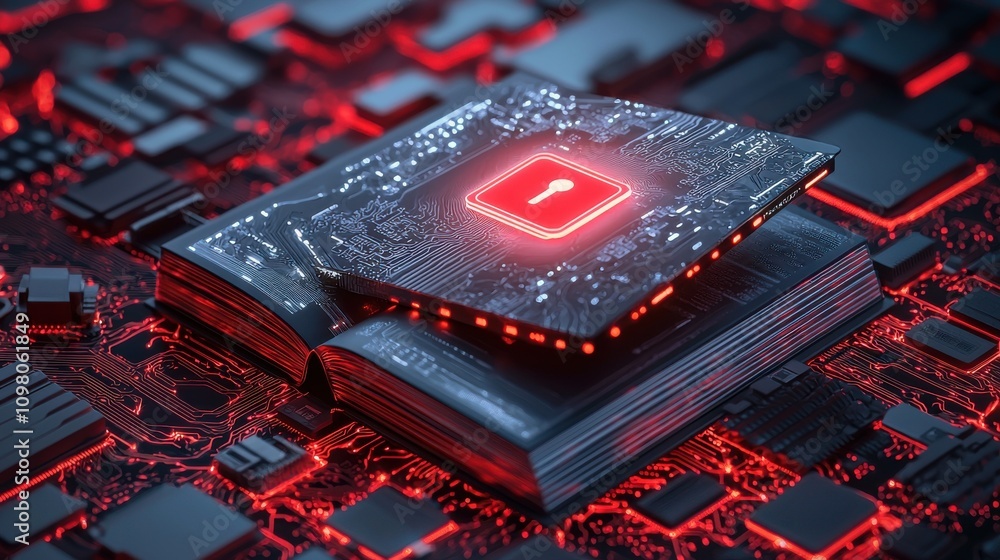 Poster close up view of futuristic red microchip on digital circuit board