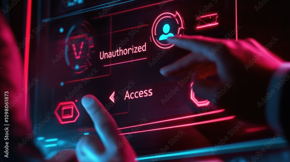 Poster executive tapping a floating digital screen with warning icons and 