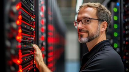 Professional male technician adjusts settings on high-tech server equipment in a data center illuminated by red lights, showcasing modern technology and expertise